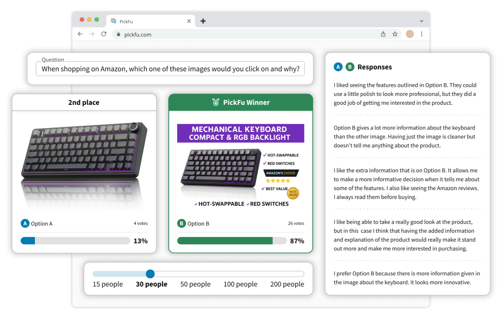 Illustrated example of a poll results page, showing audience slider, question field, response column, and two logo mockups in a poll.