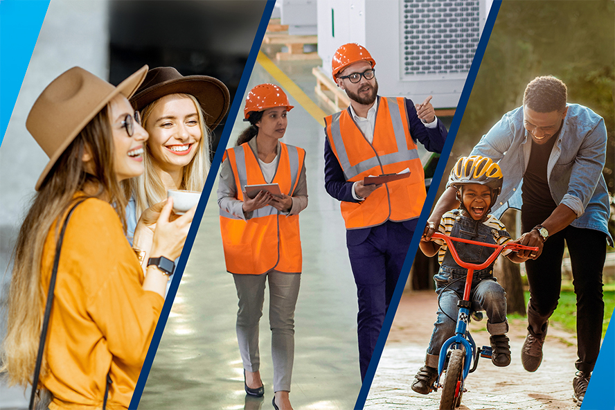 montage of people having coffee, construction works and father teaching son to ride a bike